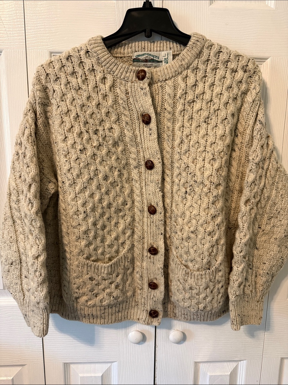 Aran Crafts Wool Cream Cable Knit Cardigan with Pockets Sz L